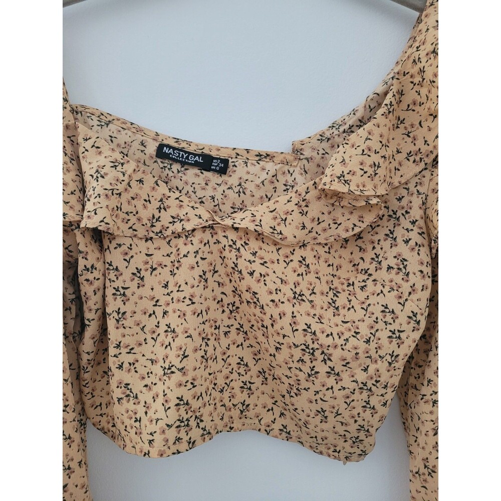 Nastygal Collection Cropped Top US Size 2 Blouse Tan Floral Side Zipper